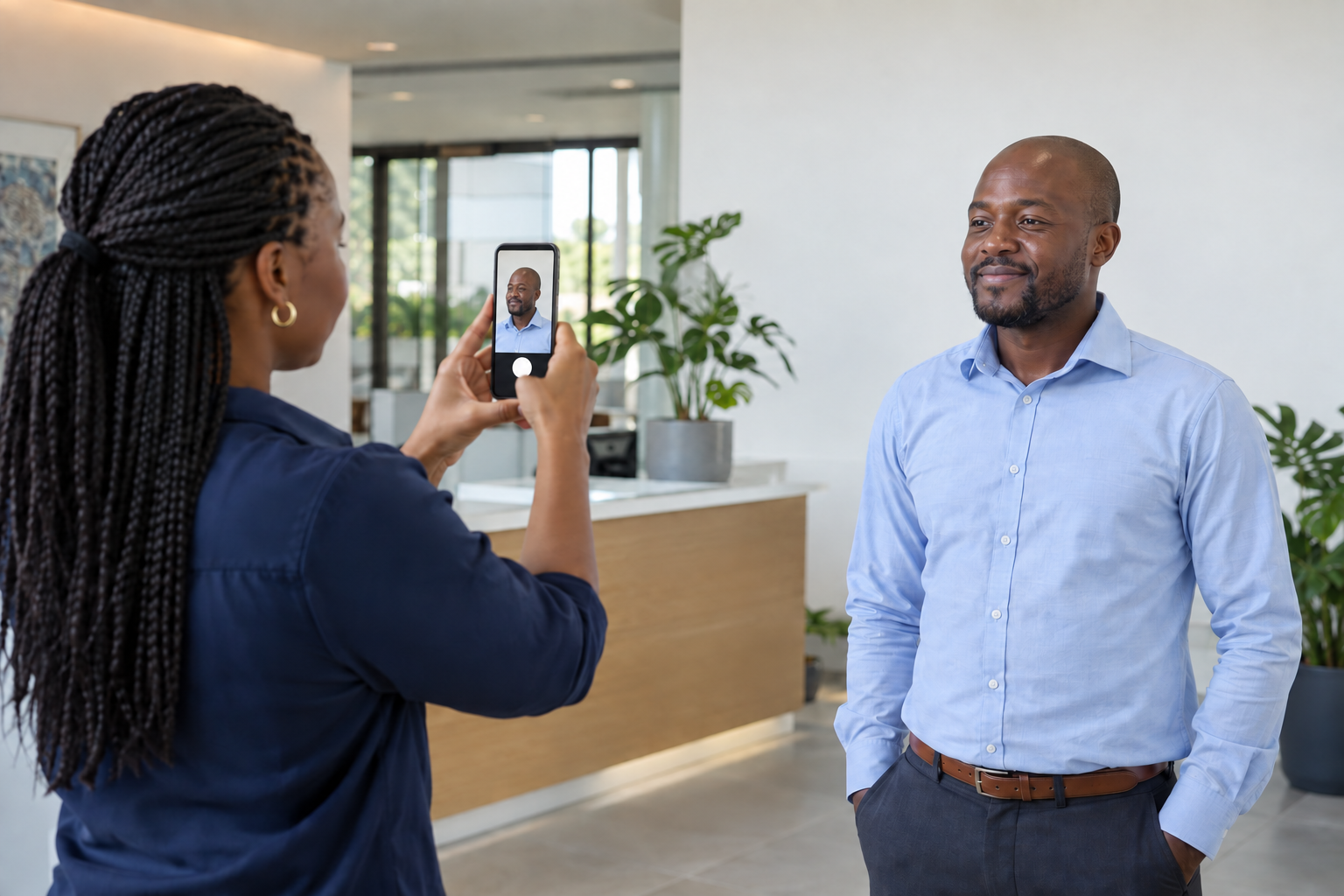 A manager using the phone’s rear camera to capture an employee’s enrolment photo