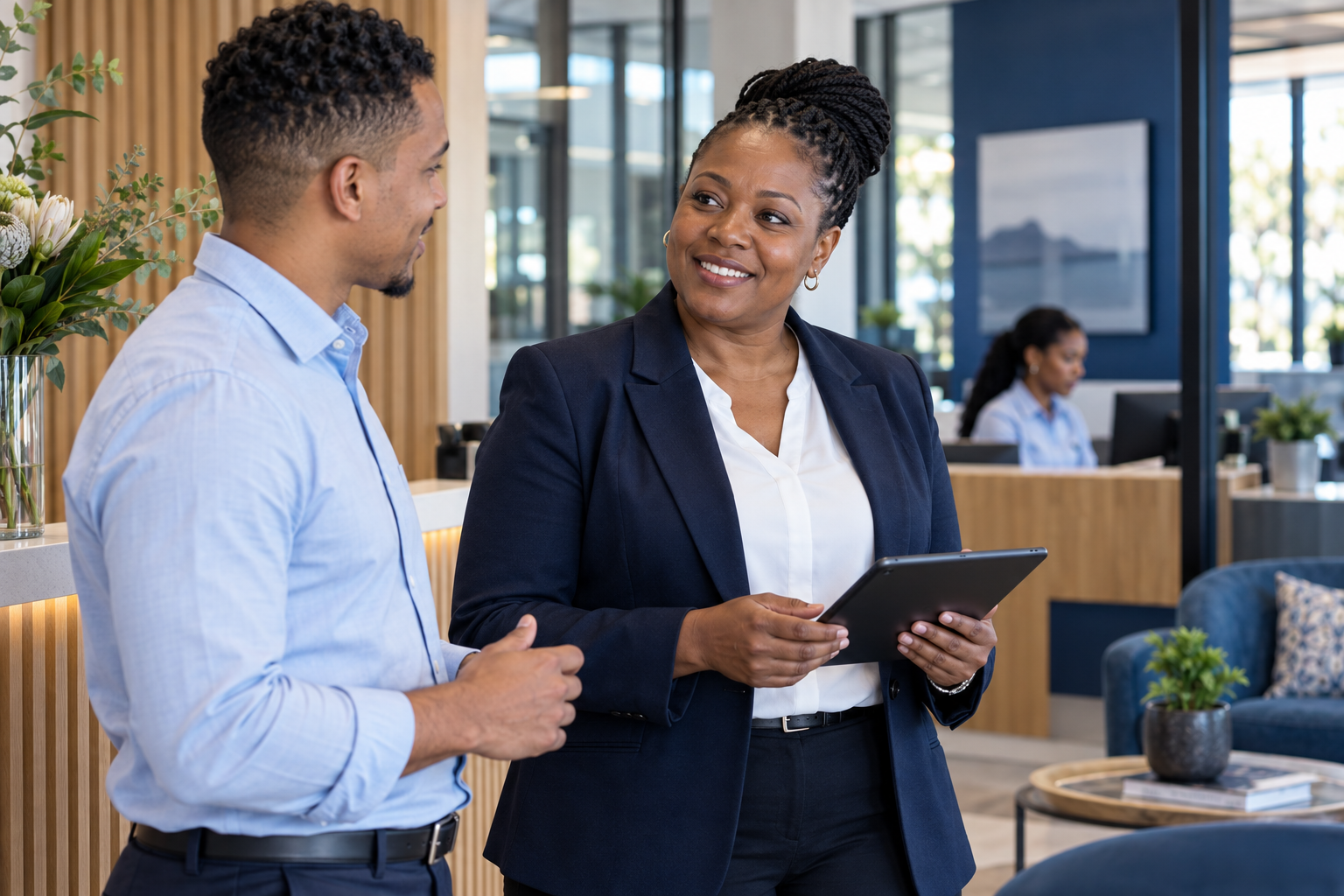 An operations manager talking with a colleague at reception